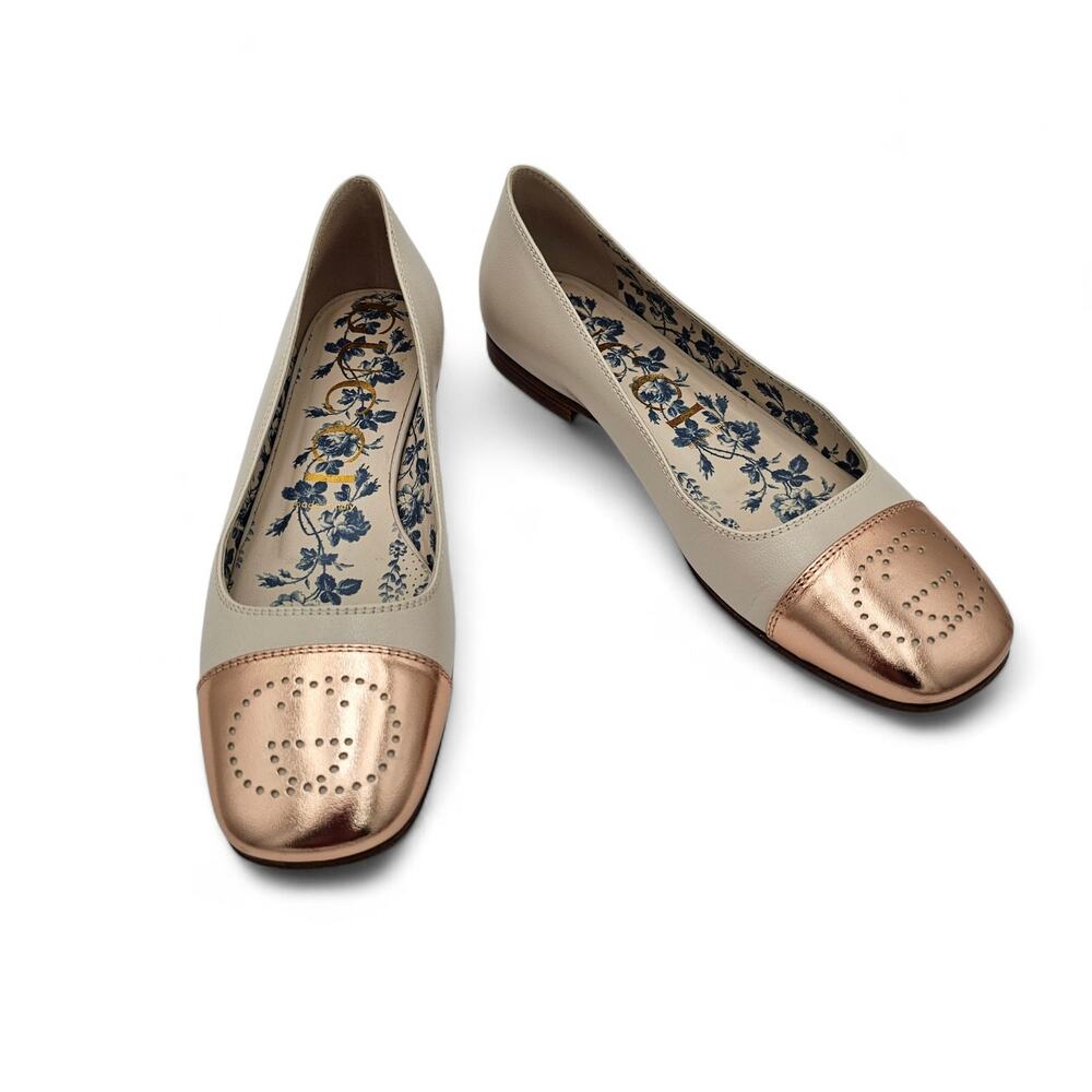 Gucci GG Logo Hills Ballet Flat Square Cap Toe White Rose Gold Size 38.5 US 8.5